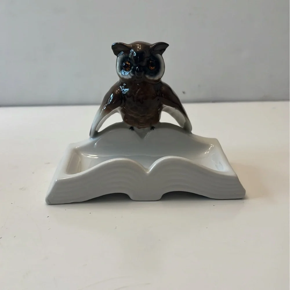 Hand Painted Figurine Porcelain Owl on Book Ring Tray, Germany